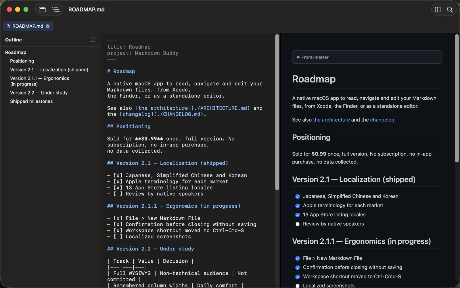 The Markdown Buddy application showing an editor and preview side by side.